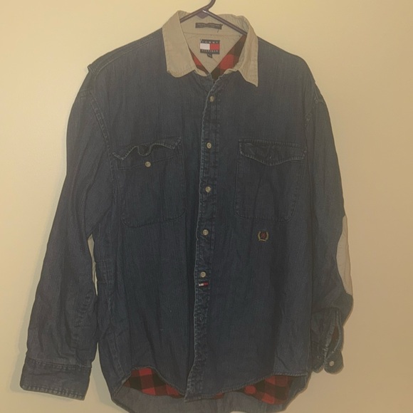 Tommy Hilfiger Other - Tommy Hilfiger Y2K Denim Button Down Flannel Lined Khaki Elbow Pad Shirt